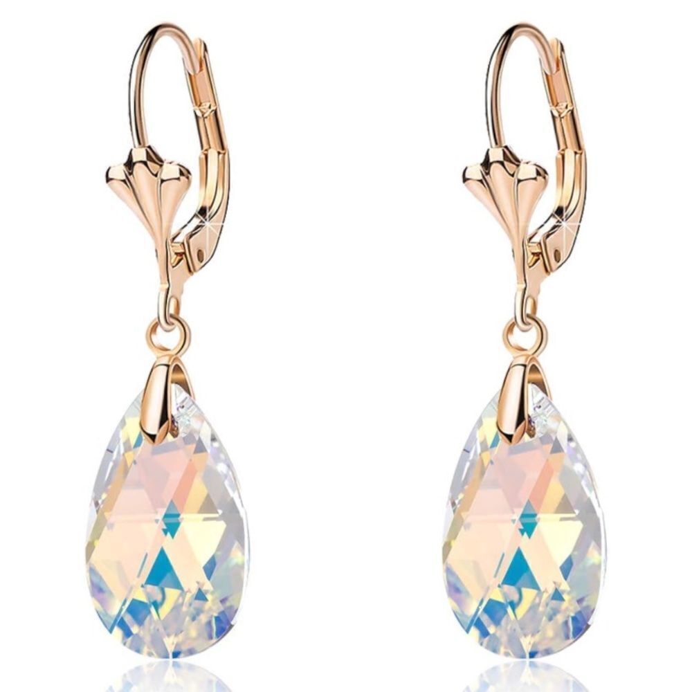 14K Yellow Gold with Iridescent AB Austrian Crystal Teardrop Leverback Earrings